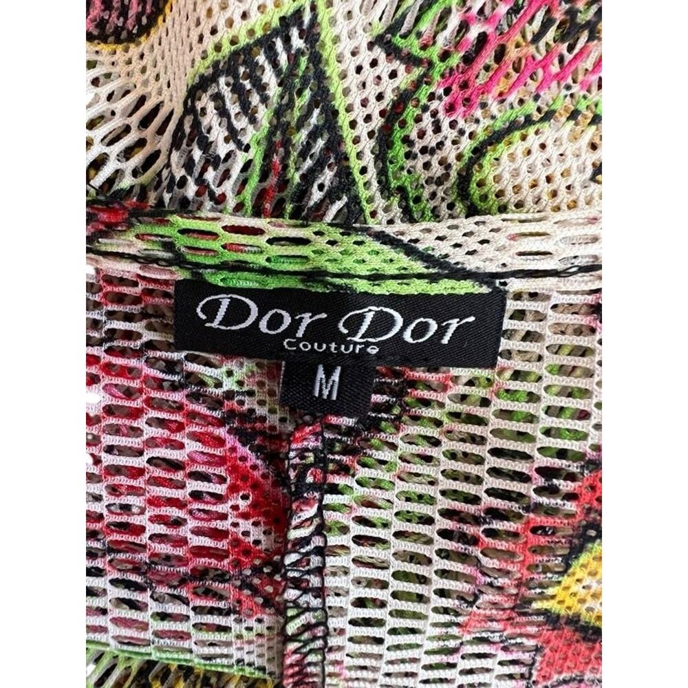 Dor Dor Couture Asymmetrical Hem Open Knit Mesh Long Bell Sleeve Floral Medium - Picture 4 of 8